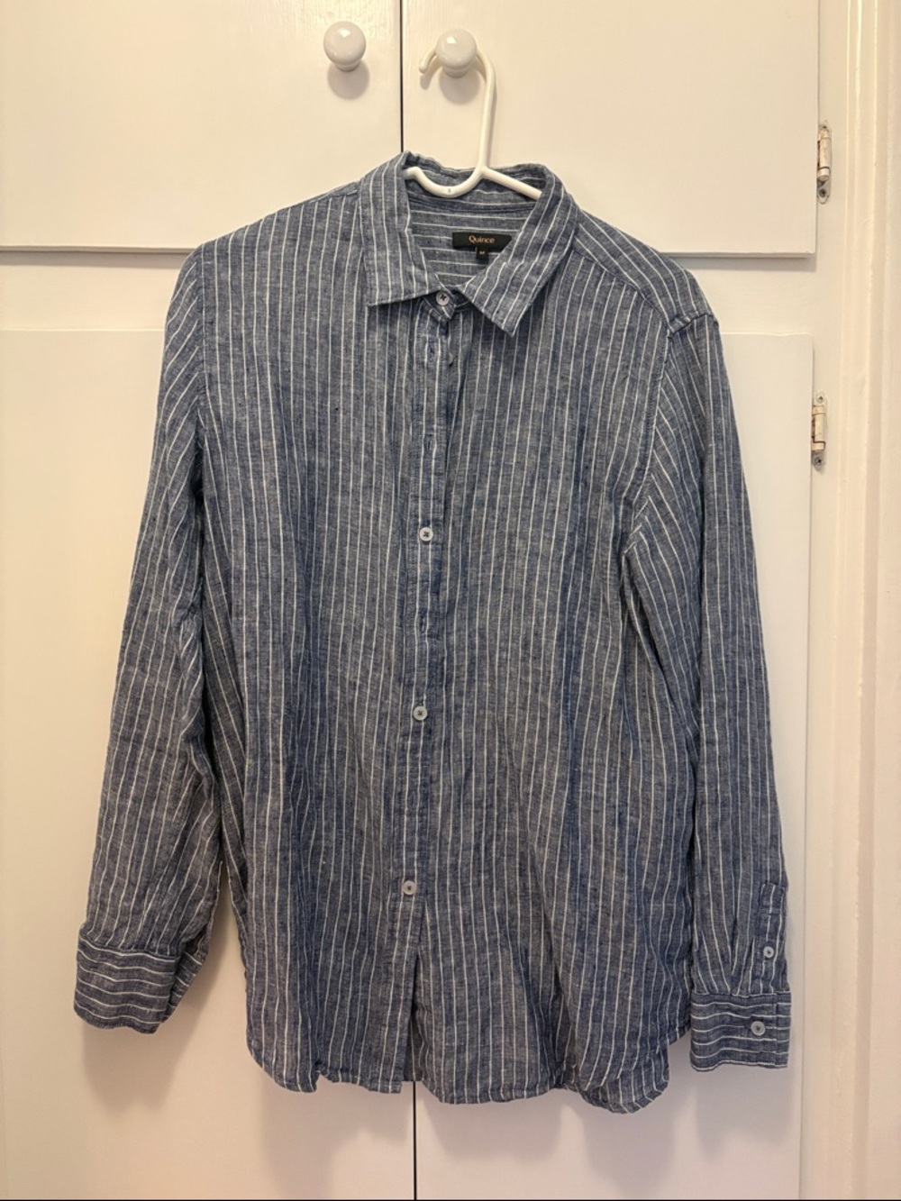 Quince Blue and White Vertical Stripe Linen Button-Down Shirt